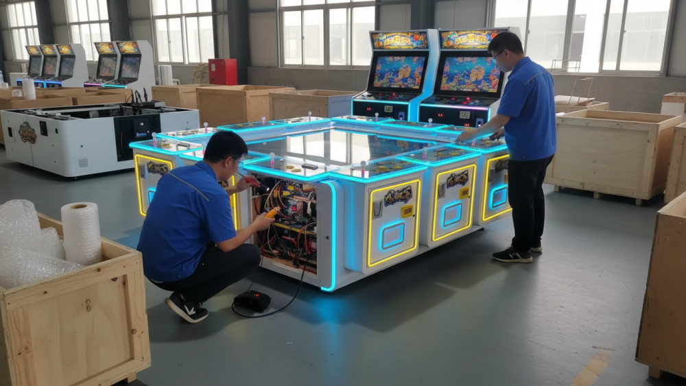 OEM arcade machine quality testing with PCB controls and power system before shipment