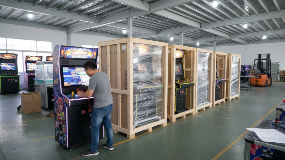 OEM arcade machine being tested before packing with screen controls and payment system checked