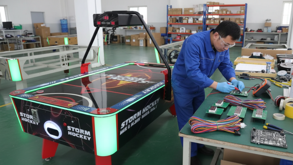 Private label arcade machines being checked before bulk production