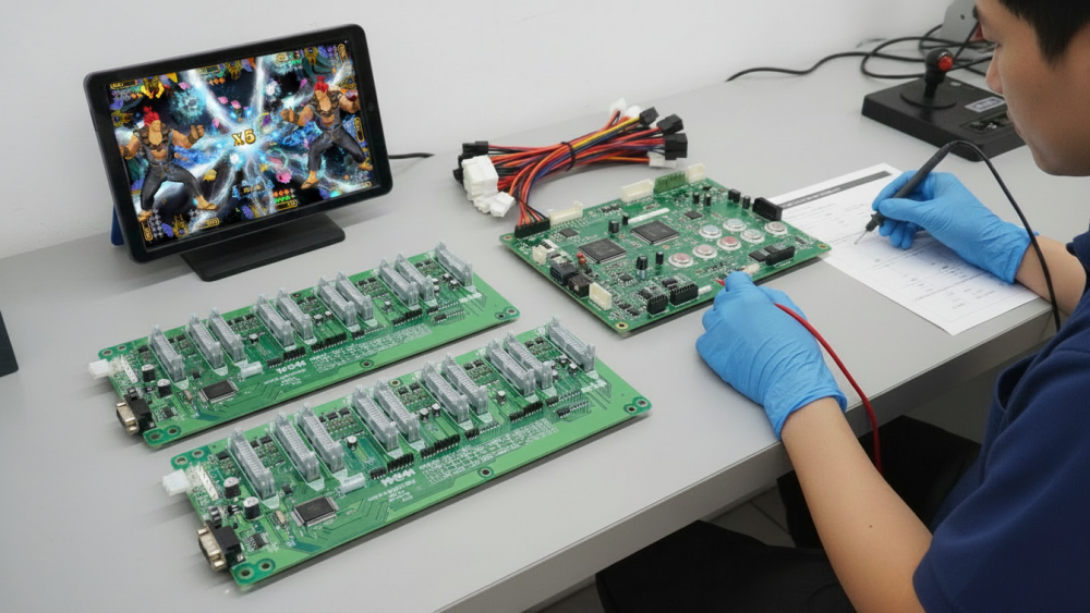 Replacement arcade PCB board being compared with fish game machine software version and wiring configuration
