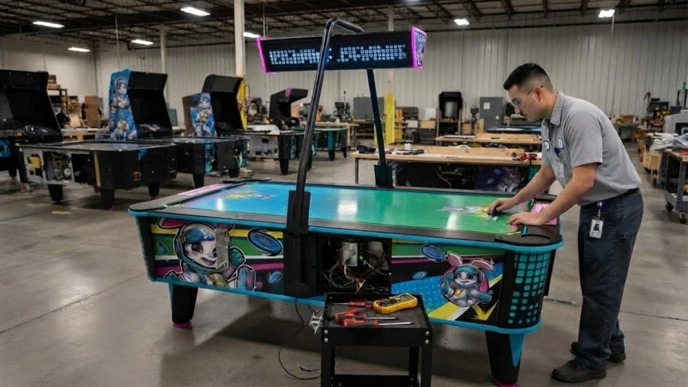 Factory technician testing air hockey scoring and coin payment system
