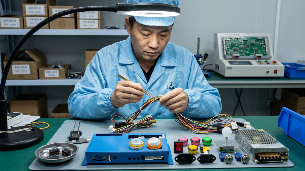 Engineer organizing arcade machine configuration records and standardized spare parts