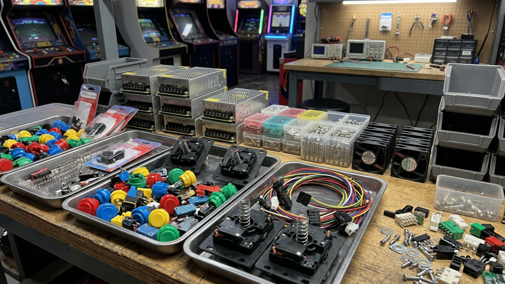 Arcade buttons, joystick parts, power supplies and cooling fans kept in stock
