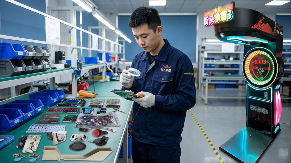 Technician identifying different PCB, wiring and power configurations in similar arcade machines