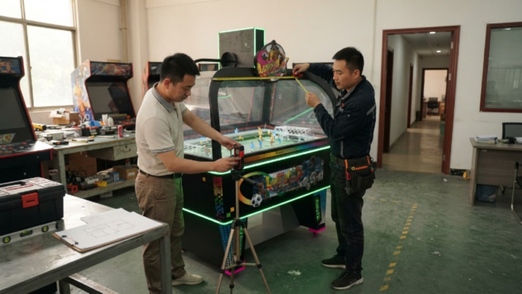 Venue owner measuring arcade machine dimensions before installation
