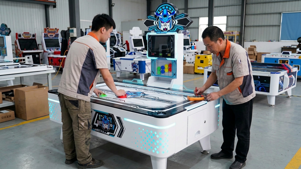 Technicians testing the controls payment system and wiring of an arcade machine