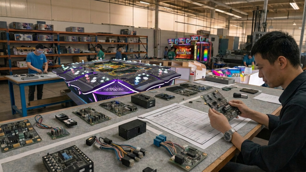 Factory technicians testing every player position on a commercial arcade machine before shipment