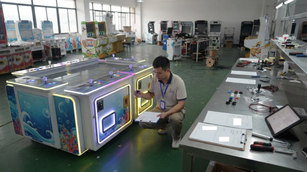Technician checking OEM arcade machines for repeat-order production consistency