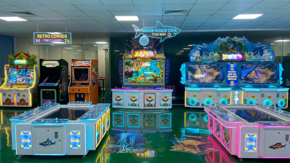 Arcade machines arranged by role in a game room