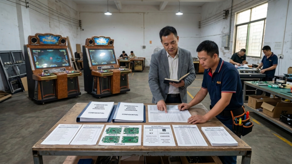 Buyer comparing two arcade machine supplier quotations and technical specifications