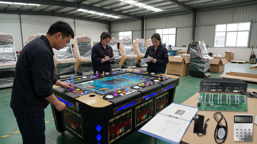 Technician comparing arcade machine PCB, wiring, screen and payment specifications