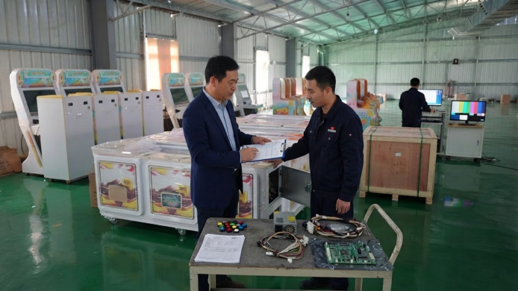 Buyer reviewing arcade machine shipping, spare parts and maintenance requirements