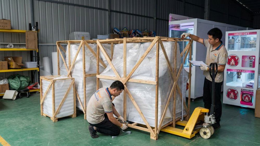 Commercial arcade machines packed on pallets for overseas delivery
