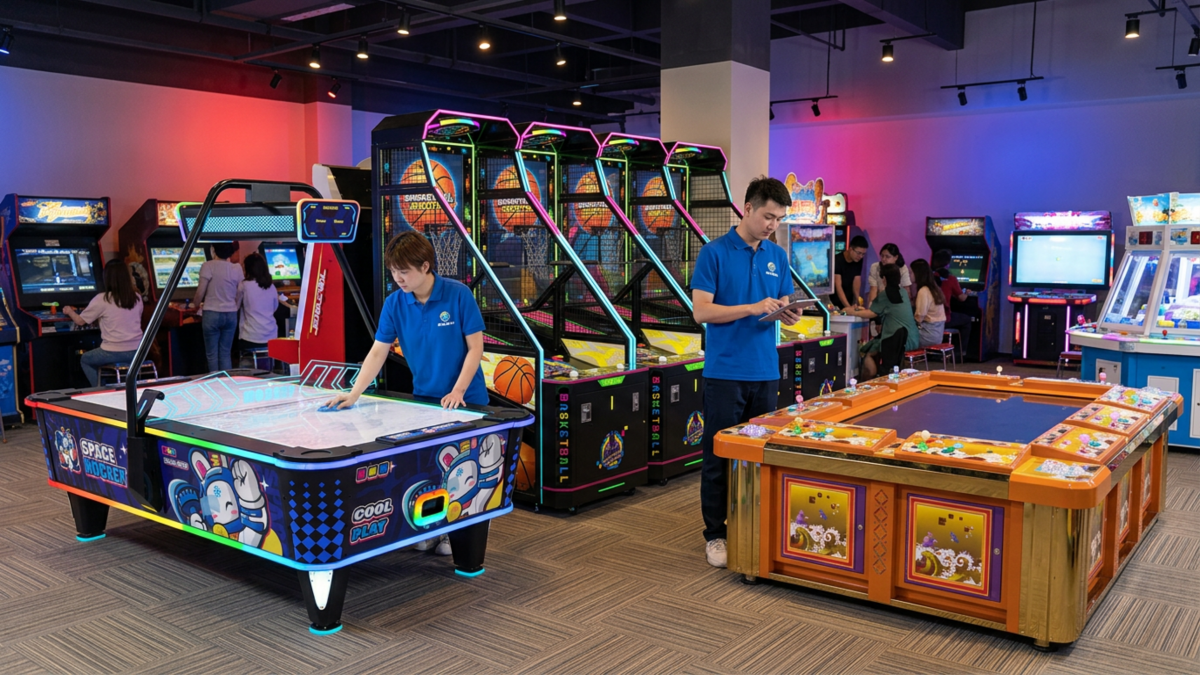 Commercial arcade machines prepared for export in an equipment factory