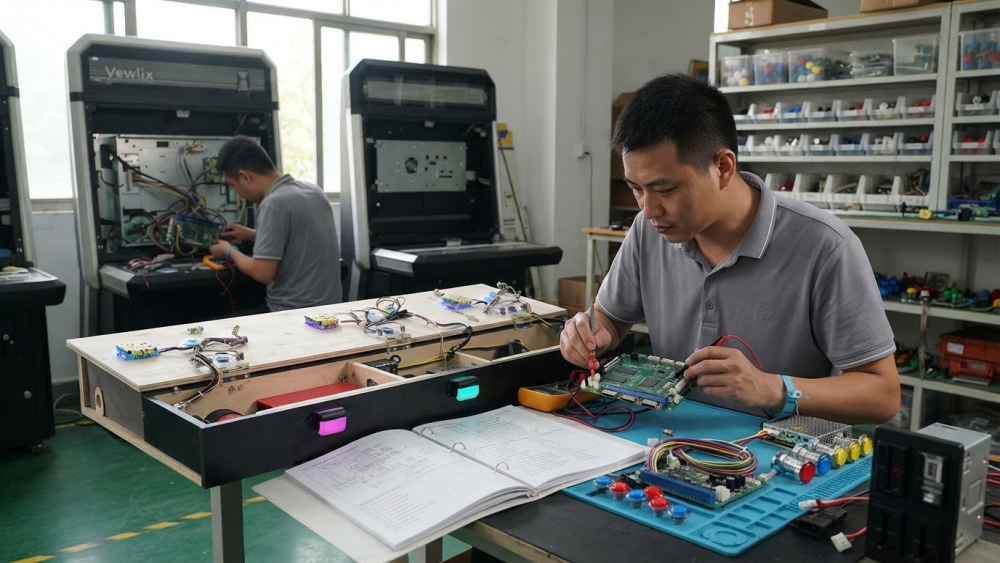 Technician matching arcade machine PCB, wiring and spare parts to the approved configuration