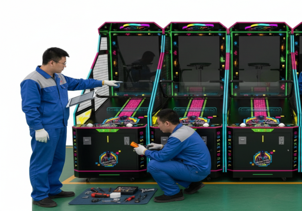 Commercial basketball arcade machine checked in a game room for operation and maintenance