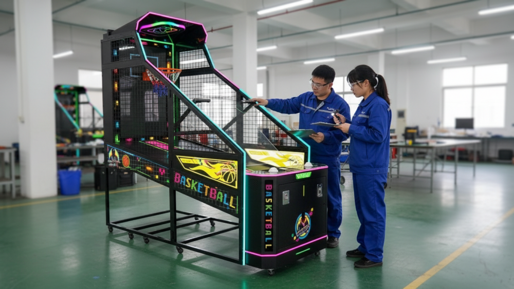 Technician testing basketball arcade machine sensor, scoring display, control board, and wiring