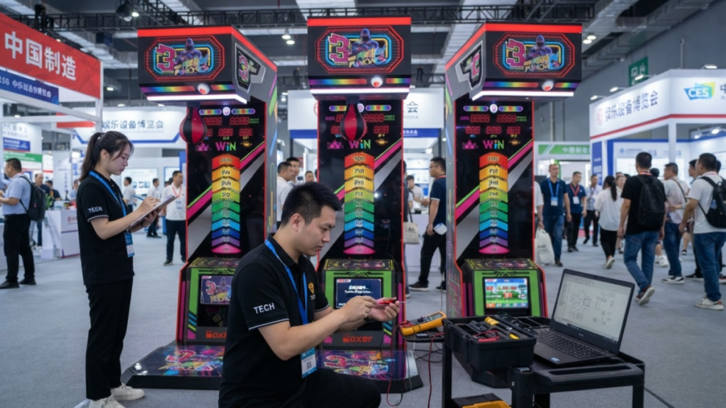 Commercial boxing arcade machine inspected in a game room for operation and maintenance
