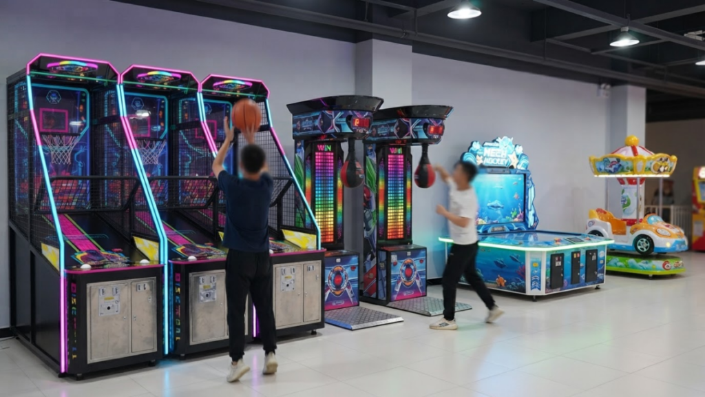 Coin-operated arcade machines installed in a commercial entertainment venue
