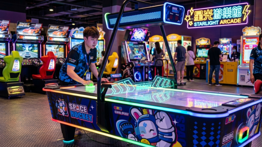 Commercial air hockey table inspected in an arcade for operation and maintenance