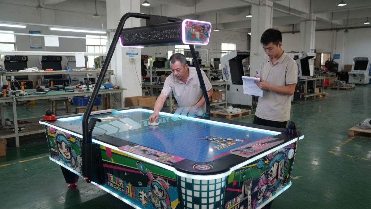 Technician testing a commercial air hockey table before shipment