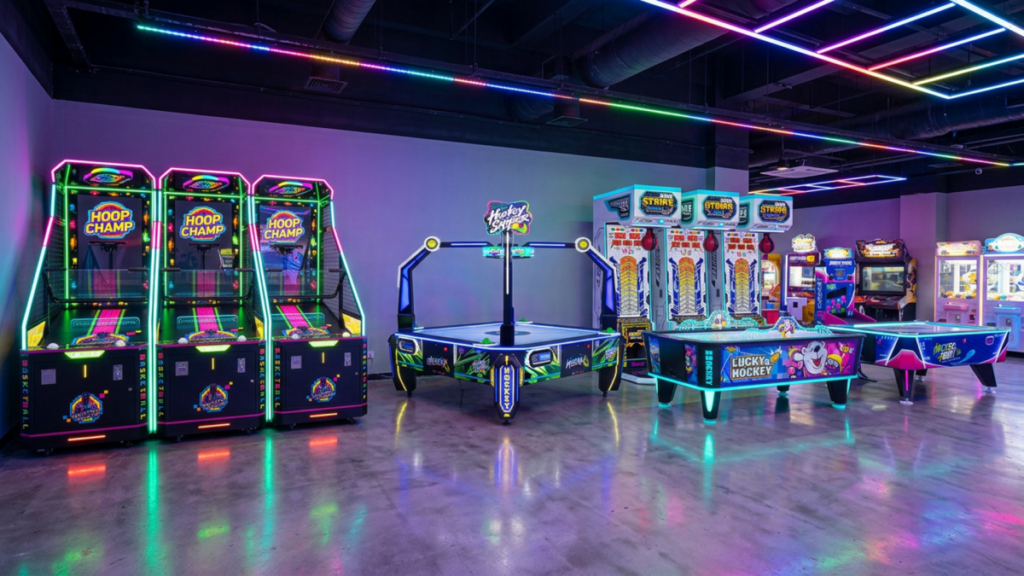 Commercial amusement machines arranged in a game room layout