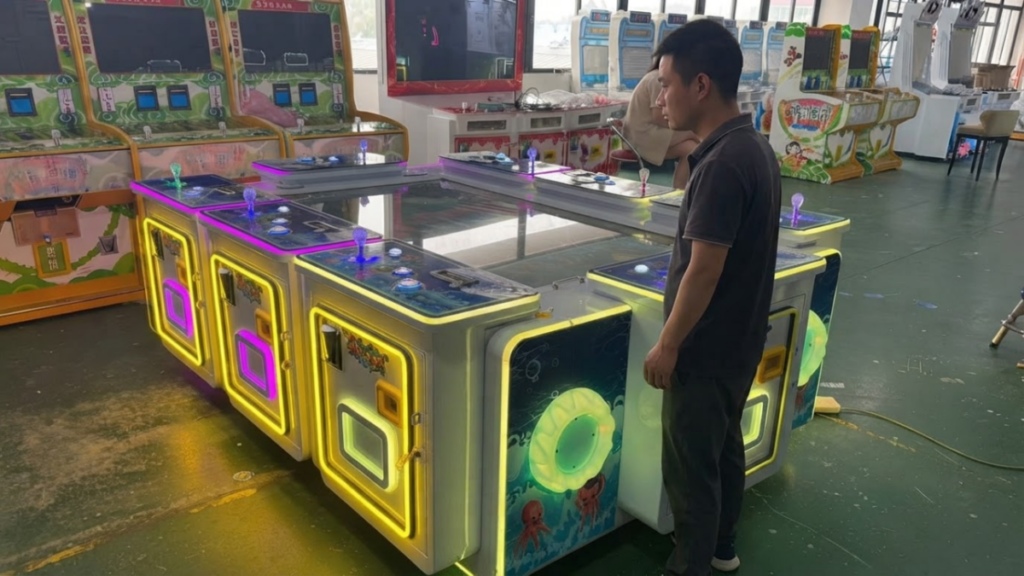 Technician measuring the electricity use of a commercial arcade machine