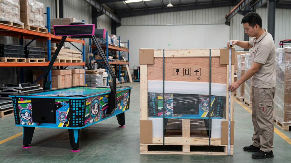 Technician measuring the export crate of a commercial arcade machine