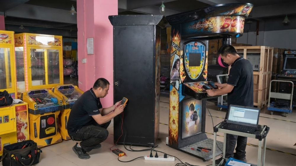 Technicians installing power and payment systems in a commercial arcade