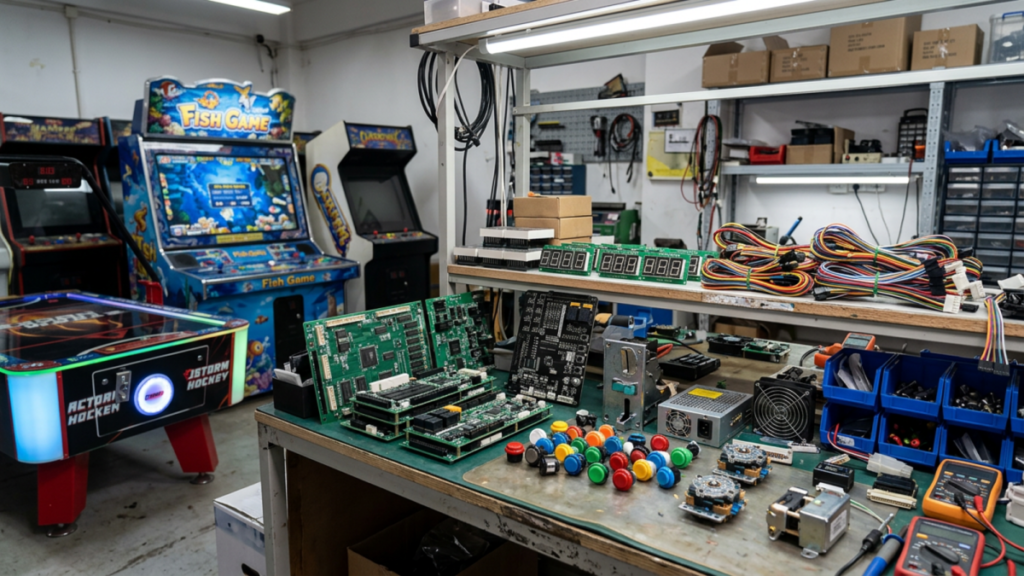 Organized arcade machine spare parts inventory for commercial game room repairs