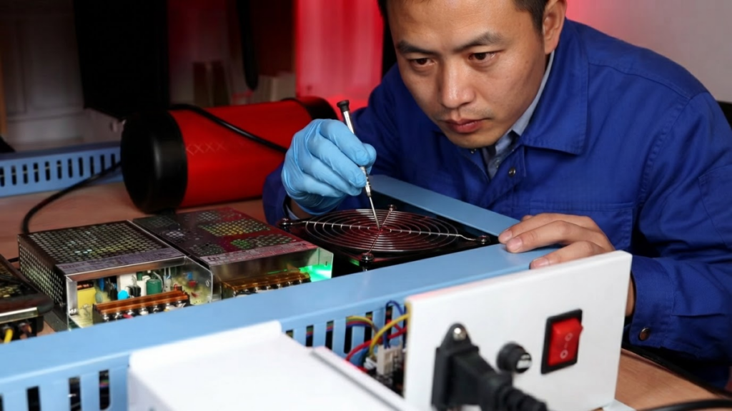 Technician inspecting an arcade machine wiring harness and internal connectors
