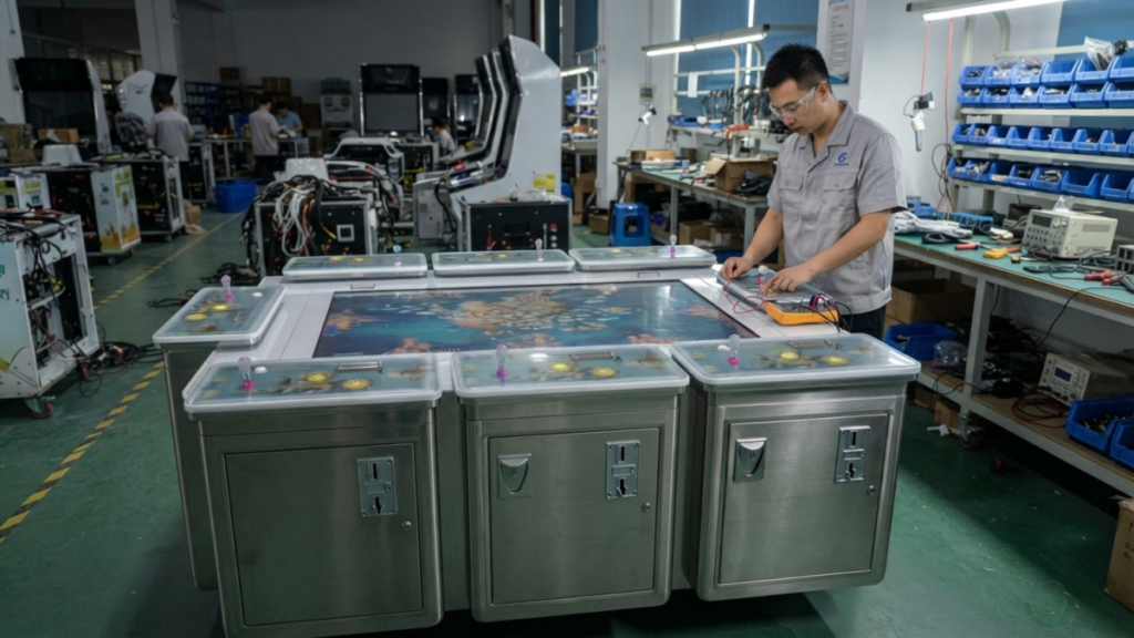 Commercial multiplayer fish game machine undergoing factory inspection
