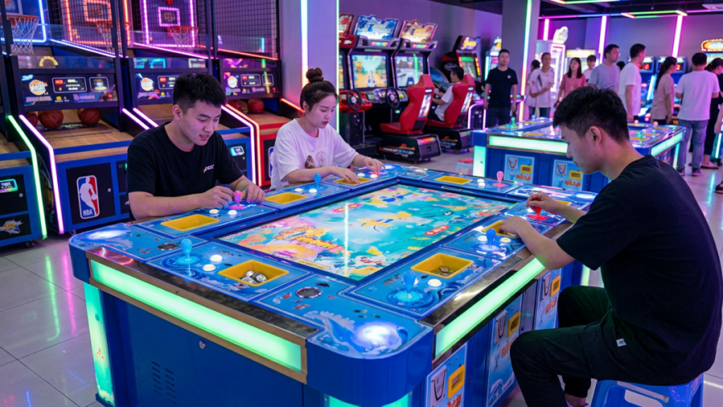Multiplayer fish table game machine in a commercial arcade