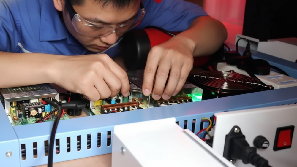 Open custom arcade cabinet showing internal wiring, PCB board, power supply, and payment system space