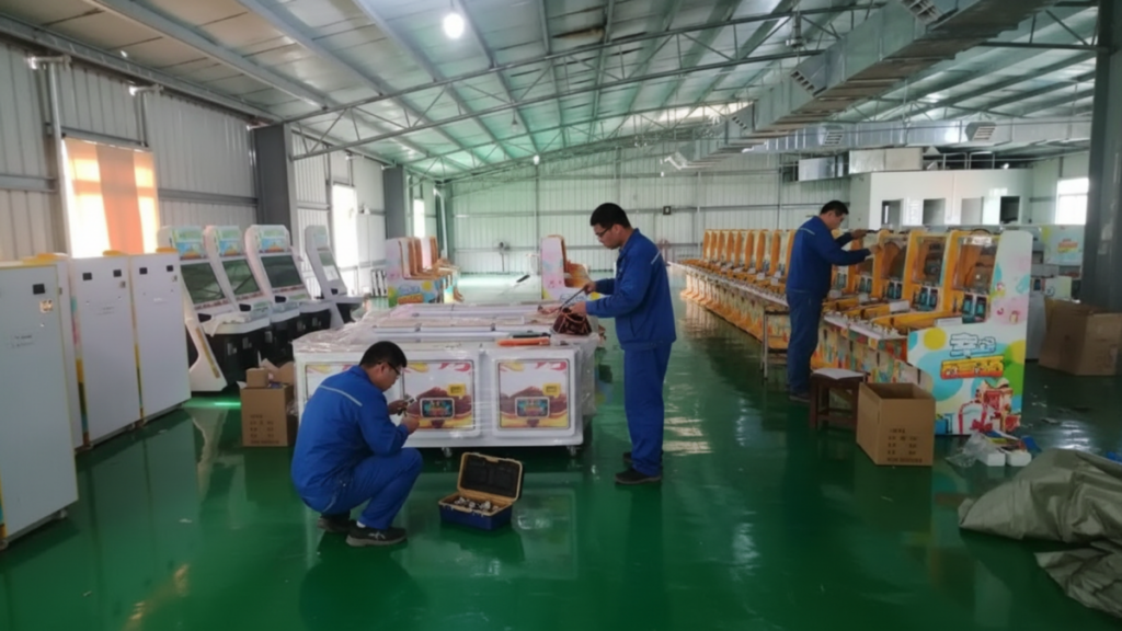 Technicians inspecting a custom arcade cabinet structure in a commercial arcade machine factory