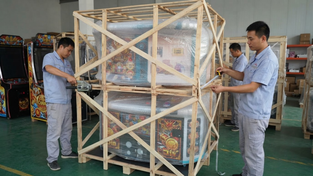 Commercial fish arcade machine secured in a wooden crate for export