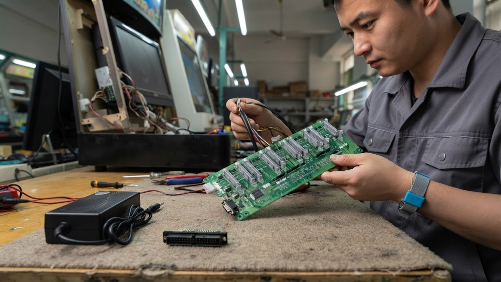 Technician checking fish game PCB, I/O board and wiring harness compatibility