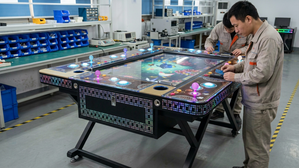 Technicians checking card reader wiring and credit settings through a fish game I O board