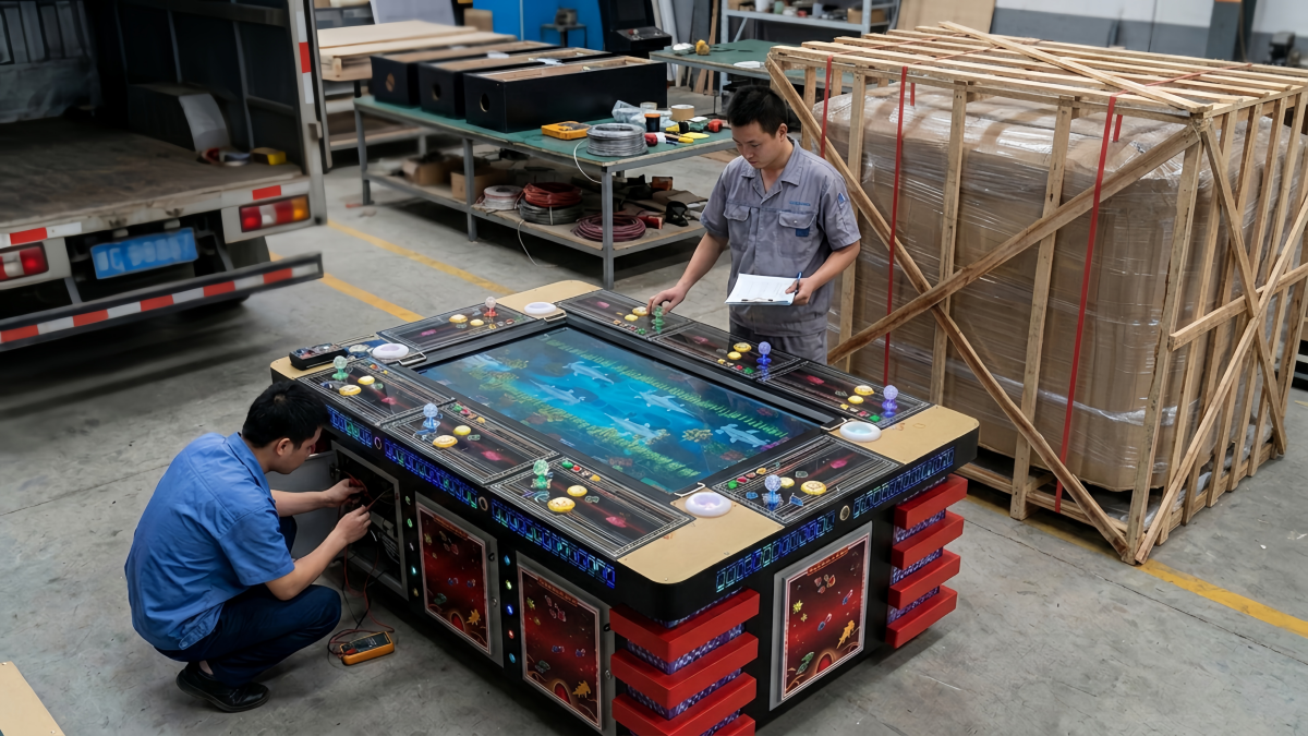 Technicians inspecting a commercial fish game machine before export shipment