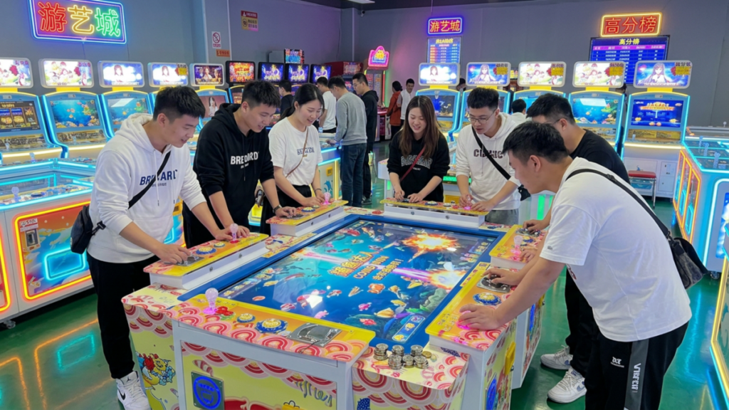 Fish game machine placed in a commercial game room with clear walking space and player access