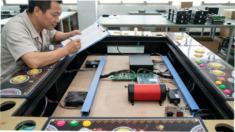 Technician checking the PCB wiring and internal configuration of a fish game machine