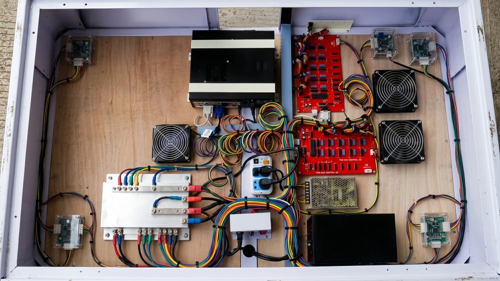 Technician checking the PCB power supplies and wiring inside a fish game machine