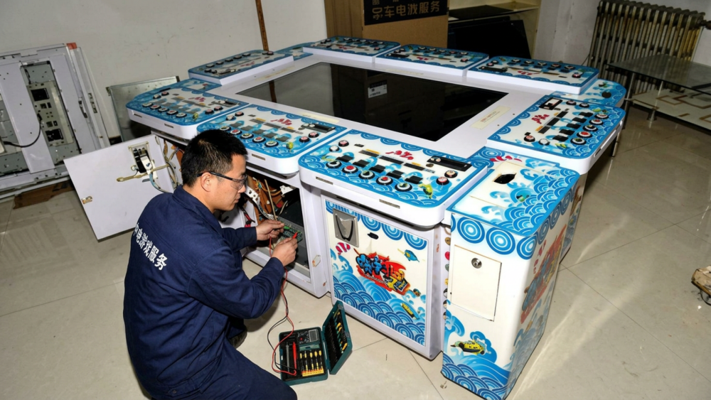 Technician checking maintenance access for fish game machine PCB, I/O board, wiring, and payment parts