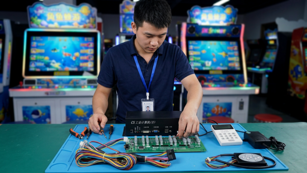 Fish game machine PCB replacement on a repair testing bench