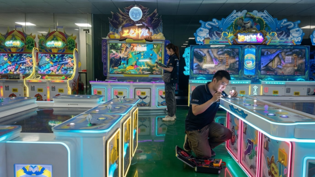 Technician checking multiplayer fish game machine player configuration in a commercial arcade cabinet