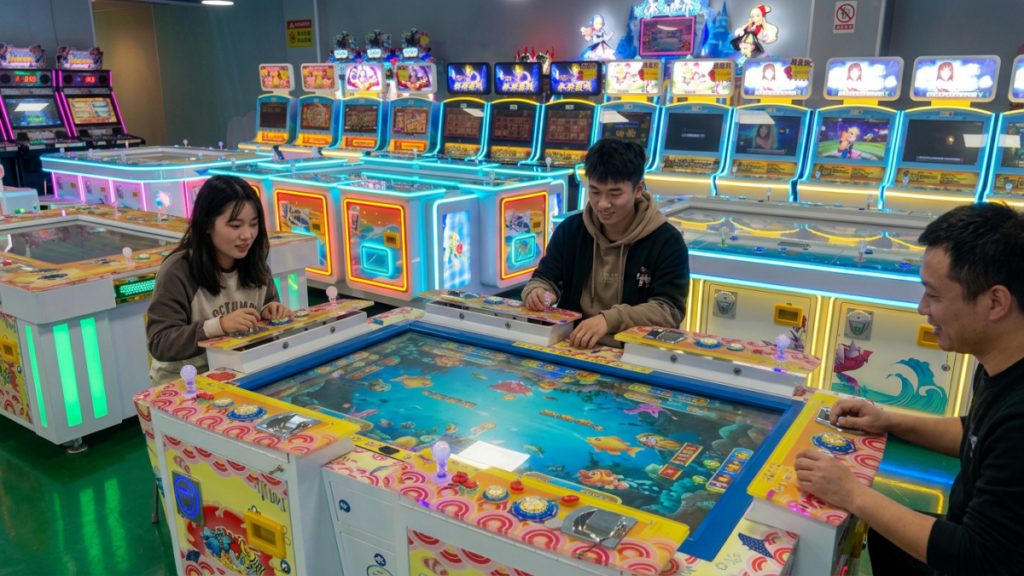 Fish game machines and amusement machines in a commercial arcade floor