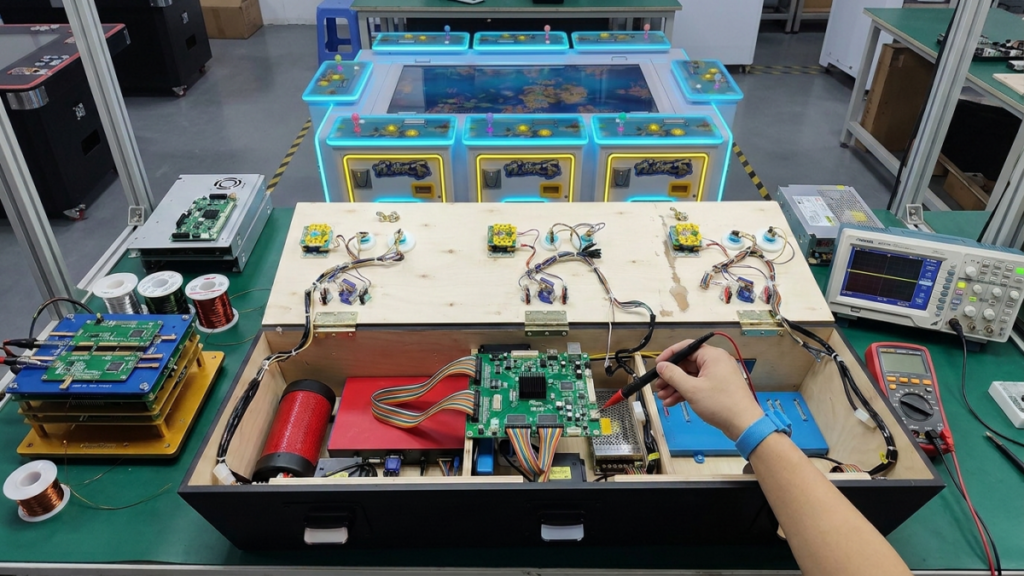 Technician testing a fish game motherboard with an arcade machine