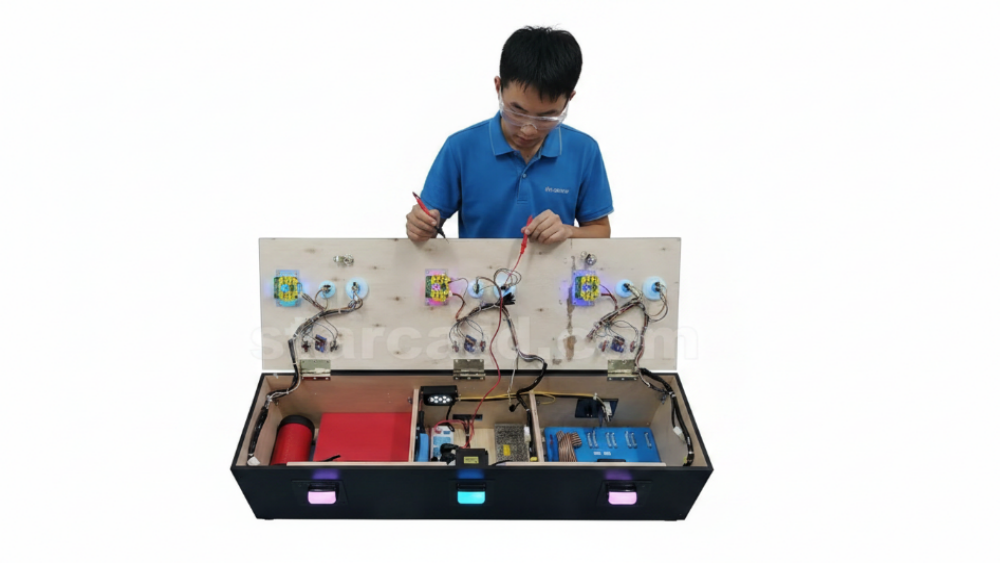Technician testing fish game payment signals with coin acceptor, card reader, I/O board, and PCB
