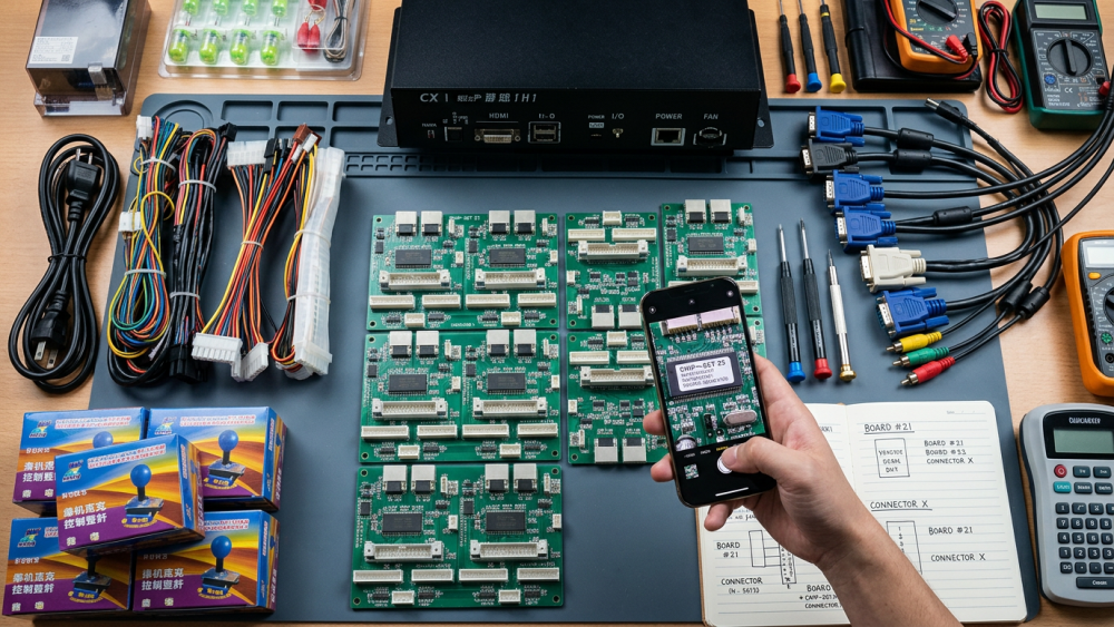 Fish game PCB, I/O board and wiring prepared for identification