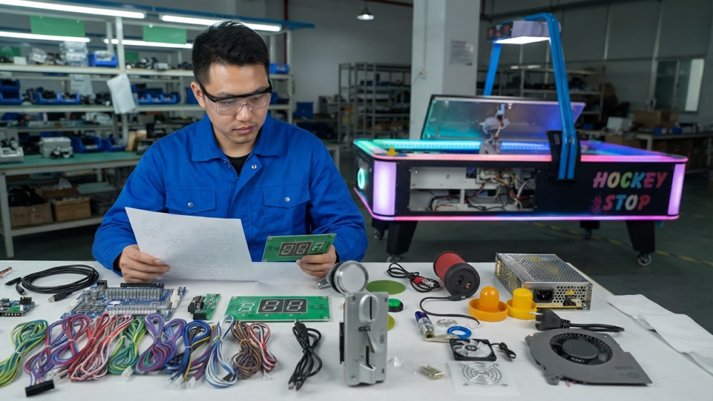 Technician checking fish game PCB, I/O board, payment and screen compatibility